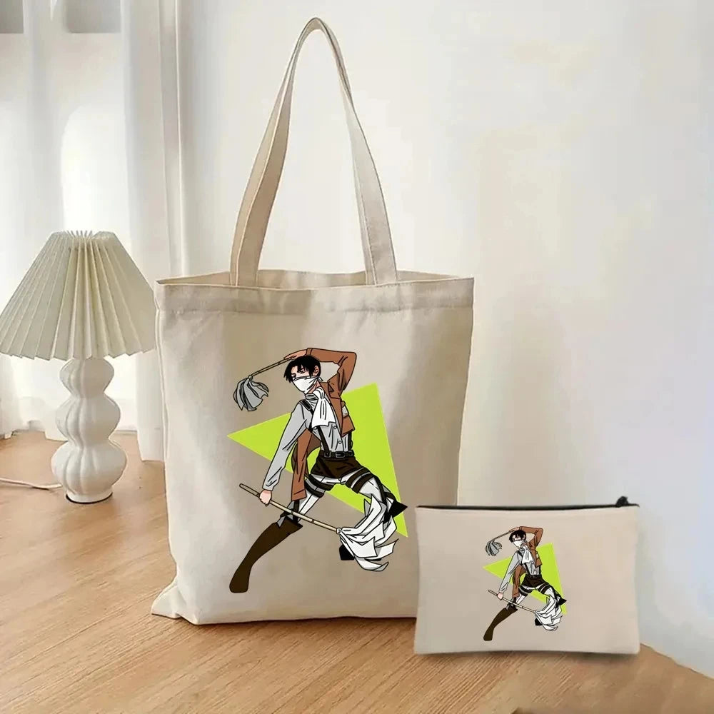 2pcs/set Attack on Titan Fashion Ladies Handbag Cosmetic Bag Canvas Shoulder Bag Eco-friendly Large Capacity Travel Shopping Bag