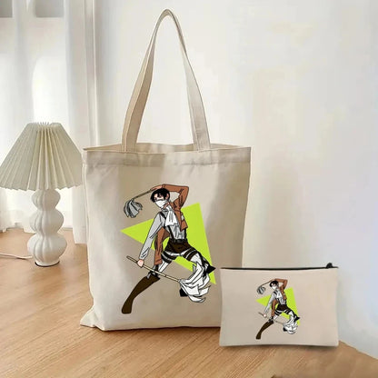 2pcs/set Attack on Titan Fashion Ladies Handbag Cosmetic Bag Canvas Shoulder Bag Eco-friendly Large Capacity Travel Shopping Bag