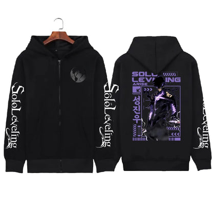 Solo Leveling Sung Jin Woo Zip Up Hoodie Anime Printed Sweatshirt Men Unisex Long Sleeve Fleece Loose Hooded Zipper Streetwear