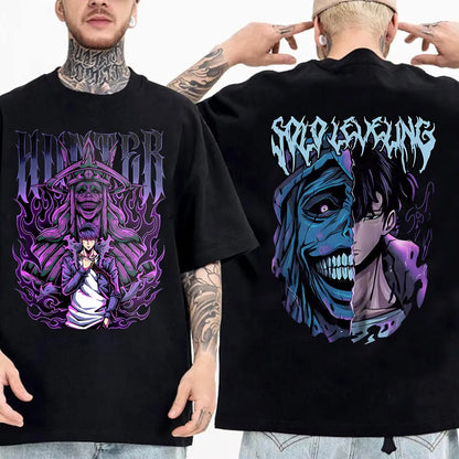 Japanese Anime Solo Leveling T Shirt Men Sung Jinwoo Cartoon Graphic Tees Harajuku Short Sleeve High Quality Cotton T-shirt
