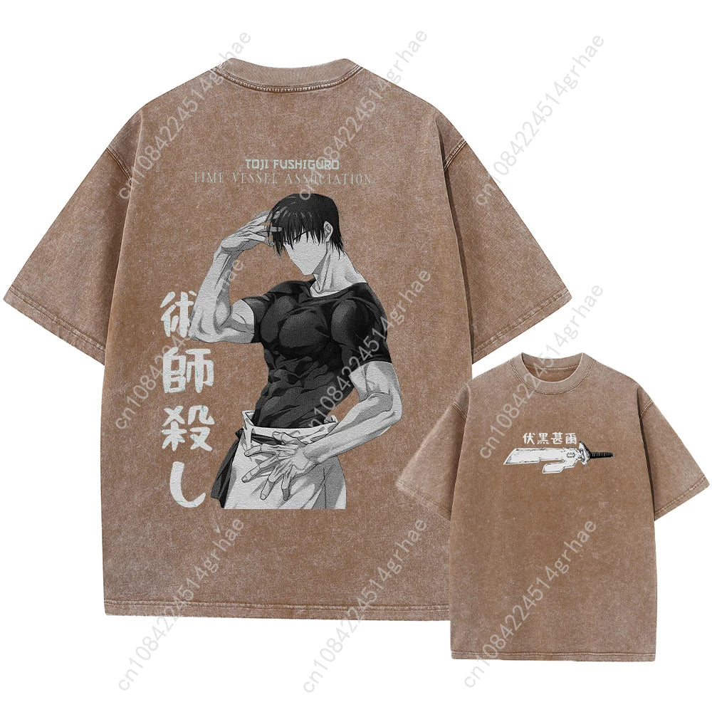 Harajuku Japanese Anime Streetwear Graphic T-Shirt Summer Short Sleeve Cotton Tshirt Jujutsu Kaisen Print Vintage Washed Tshirt