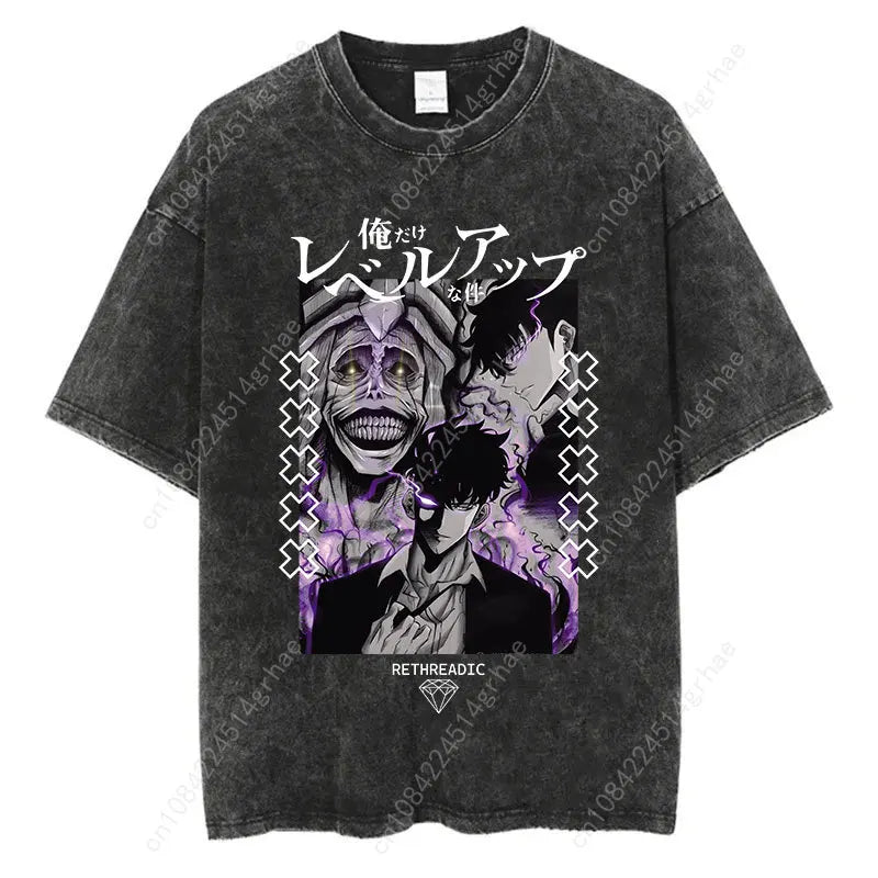Japanese Anime Solo Leveling Print Vintage Washed Tshirt Harajuku Streetwear Graphic T-Shirt Summer Short Sleeve Cotton Tshirt