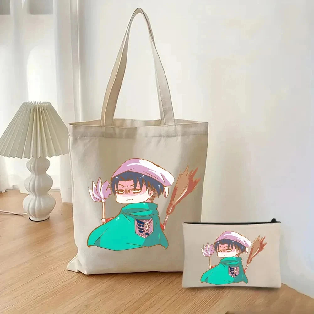 2pcs/set Attack on Titan Fashion Ladies Handbag Cosmetic Bag Canvas Shoulder Bag Eco-friendly Large Capacity Travel Shopping Bag