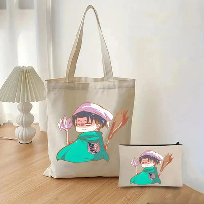 2pcs/set Attack on Titan Fashion Ladies Handbag Cosmetic Bag Canvas Shoulder Bag Eco-friendly Large Capacity Travel Shopping Bag