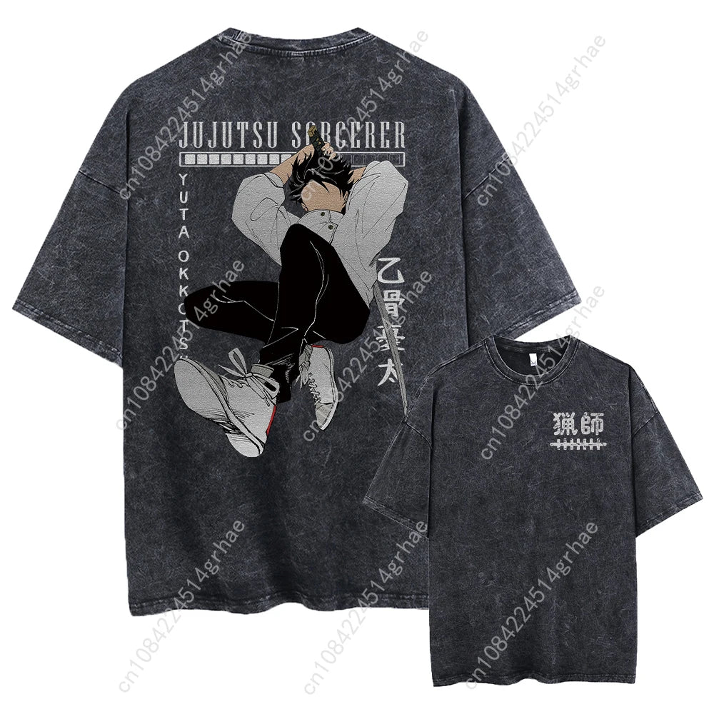 Harajuku Japanese Anime Streetwear Graphic T-Shirt Summer Short Sleeve Cotton Tshirt Jujutsu Kaisen Print Vintage Washed Tshirt