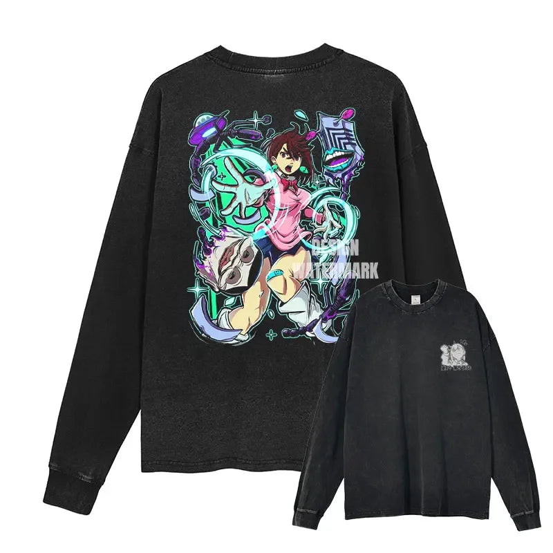 Anime Dan Da Dan Sweater Vintage Washed Dandadan Long Sleeve T Shirts Oversized Ayase Momo Sweatshirts Pullover Men 100% Cotton