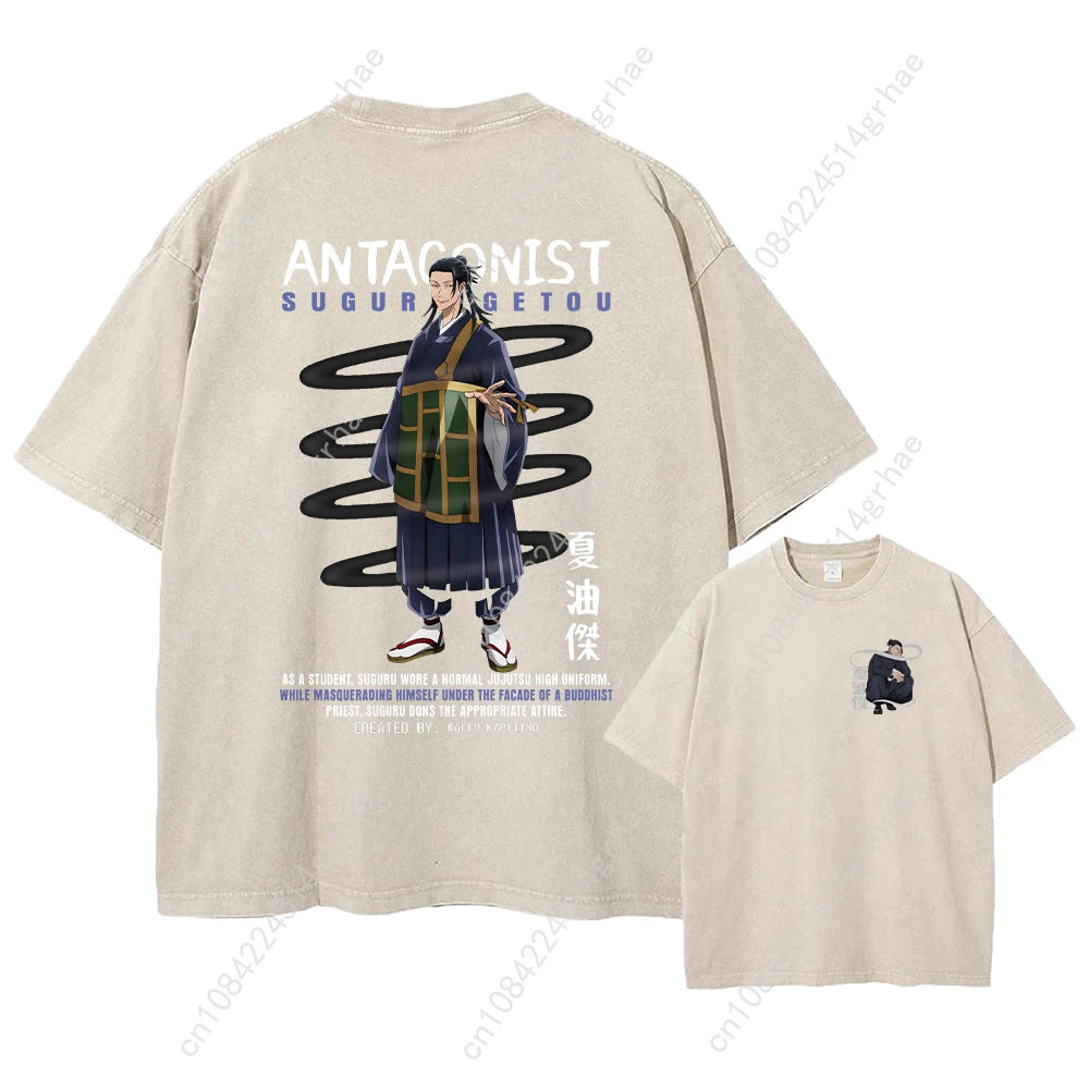 Harajuku Japanese Anime Streetwear Graphic T-Shirt Summer Short Sleeve Cotton Tshirt Jujutsu Kaisen Print Vintage Washed Tshirt