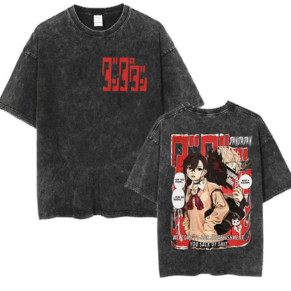 Japan Anime Dandadan Okarun Dan Da Dan Graphic T Shirt Men Women O-Neck Cute Style T-shirt Vintage Washed Cotton Tees Streetwear