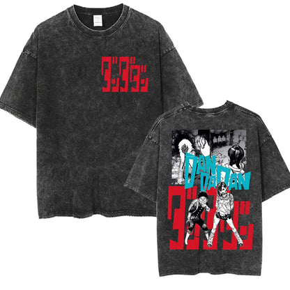 Japan Anime Dandadan Okarun Dan Da Dan Graphic T Shirt Men Women O-Neck Cute Style T-shirt Vintage Washed Cotton Tees Streetwear