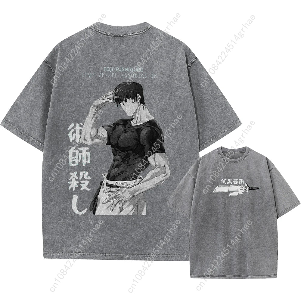 Harajuku Japanese Anime Streetwear Graphic T-Shirt Summer Short Sleeve Cotton Tshirt Jujutsu Kaisen Print Vintage Washed Tshirt