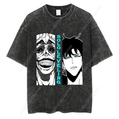 Japanese Anime Solo Leveling Print Vintage Washed Tshirt Harajuku Streetwear Graphic T-Shirt Summer Short Sleeve Cotton Tshirt