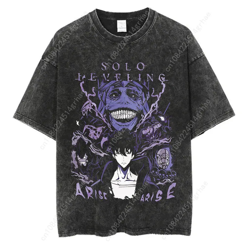 Japanese Anime Solo Leveling Print Vintage Washed Tshirt Harajuku Streetwear Graphic T-Shirt Summer Short Sleeve Cotton Tshirt