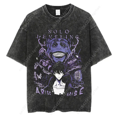 Japanese Anime Solo Leveling Print Vintage Washed Tshirt Harajuku Streetwear Graphic T-Shirt Summer Short Sleeve Cotton Tshirt