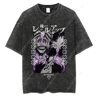 Japanese Anime Solo Leveling Print Vintage Washed Tshirt Harajuku Streetwear Graphic T-Shirt Summer Short Sleeve Cotton Tshirt