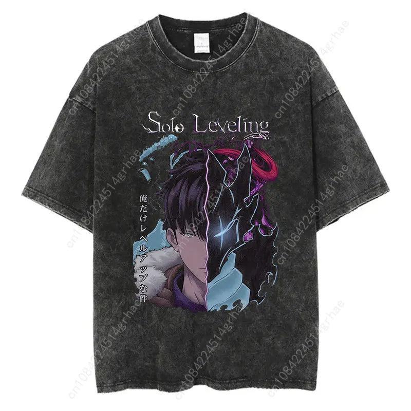 Japanese Anime Solo Leveling Print Vintage Washed Tshirt Harajuku Streetwear Graphic T-Shirt Summer Short Sleeve Cotton Tshirt