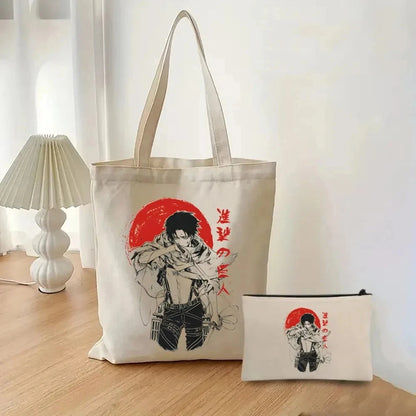 2pcs/set Attack on Titan Fashion Ladies Handbag Cosmetic Bag Canvas Shoulder Bag Eco-friendly Large Capacity Travel Shopping Bag