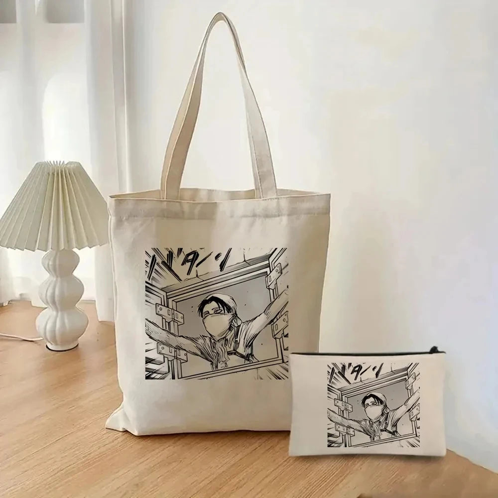 2pcs/set Attack on Titan Fashion Ladies Handbag Cosmetic Bag Canvas Shoulder Bag Eco-friendly Large Capacity Travel Shopping Bag
