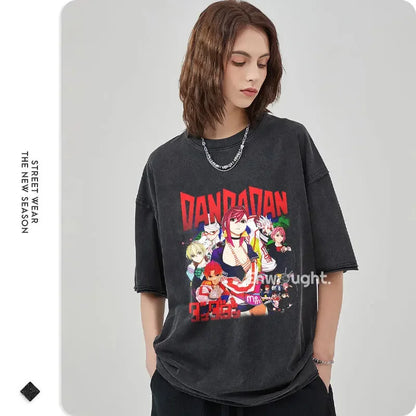 DanDaDan T Shirt Anime Oversized Vintage Washed T-shirts Streetwear Retro Manga Ayase Momo Takakura Ken DTG Printing Top Tee Men