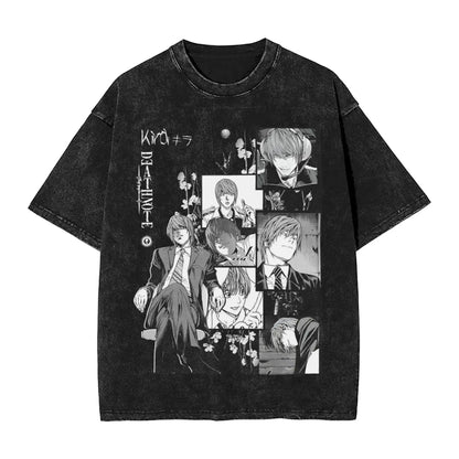 Kira Light Yagami Death Note Men's T Shirt Washed  Vintage Tee Shirt Short Sleeve Round Collar T-Shirts Pure Cotton Tops