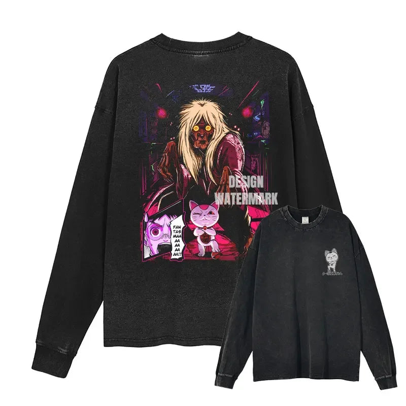 Anime Dan Da Dan Sweater Vintage Washed Dandadan Long Sleeve T Shirts Oversized Ayase Momo Sweatshirts Pullover Men 100% Cotton