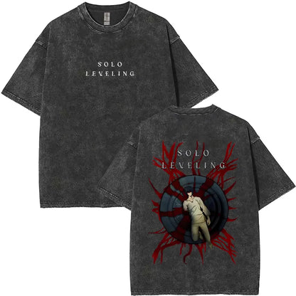 Washed Vintage Anime Solo Leveling Sung Jin Woo Double Sided Print T-shirt Men Manga Fashion Casual T Shirt Men's Oversized Tees