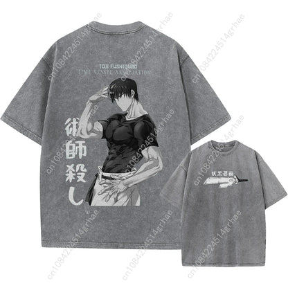 Harajuku Japanese Anime Streetwear Graphic T-Shirt Summer Short Sleeve Cotton Tshirt Jujutsu Kaisen Print Vintage Washed Tshirt