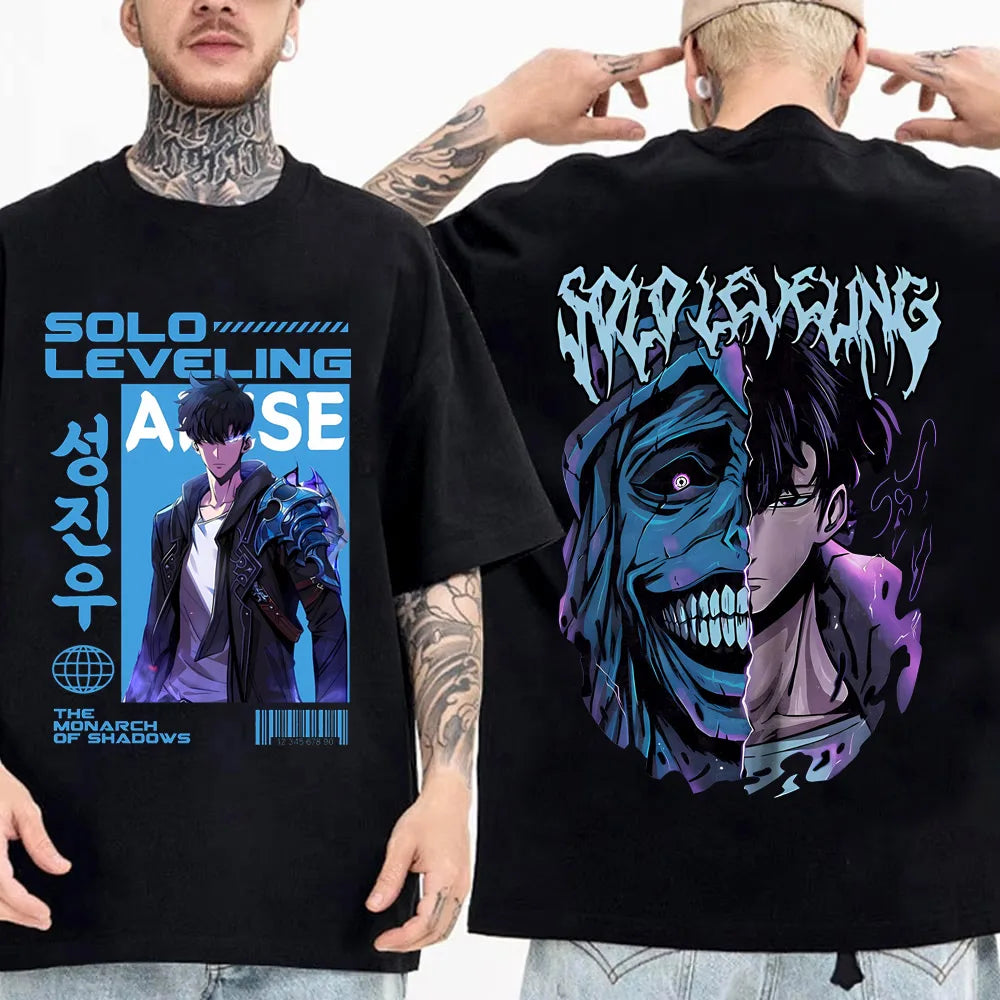 Japanese Anime Solo Leveling T Shirt Men Sung Jinwoo Cartoon Graphic Tees Harajuku Short Sleeve High Quality Cotton T-shirt