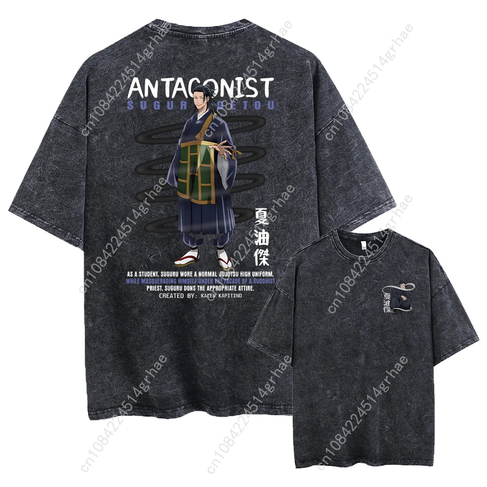 Harajuku Japanese Anime Streetwear Graphic T-Shirt Summer Short Sleeve Cotton Tshirt Jujutsu Kaisen Print Vintage Washed Tshirt