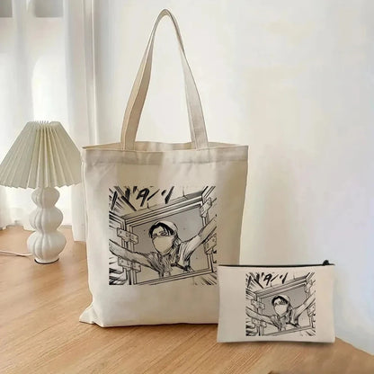 2pcs/set Attack on Titan Fashion Ladies Handbag Cosmetic Bag Canvas Shoulder Bag Eco-friendly Large Capacity Travel Shopping Bag