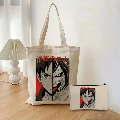 2pcs/set Attack on Titan Fashion Ladies Handbag Cosmetic Bag Canvas Shoulder Bag Eco-friendly Large Capacity Travel Shopping Bag