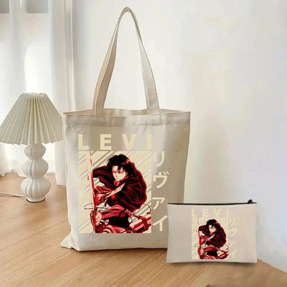 2pcs/set Attack on Titan Fashion Ladies Handbag Cosmetic Bag Canvas Shoulder Bag Eco-friendly Large Capacity Travel Shopping Bag