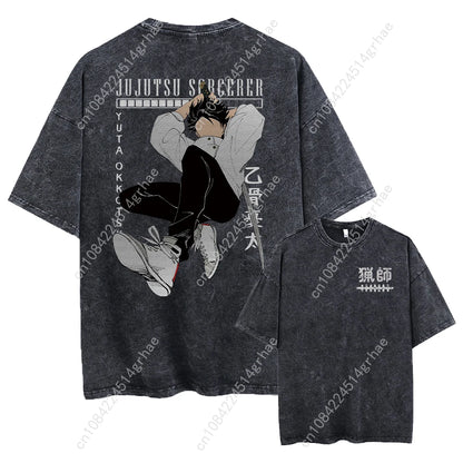 Harajuku Japanese Anime Streetwear Graphic T-Shirt Summer Short Sleeve Cotton Tshirt Jujutsu Kaisen Print Vintage Washed Tshirt