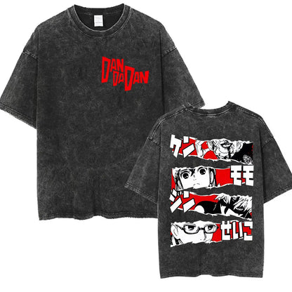 Japan Anime Dandadan Okarun Dan Da Dan Graphic T Shirt Men Women O-Neck Cute Style T-shirt Vintage Washed Cotton Tees Streetwear