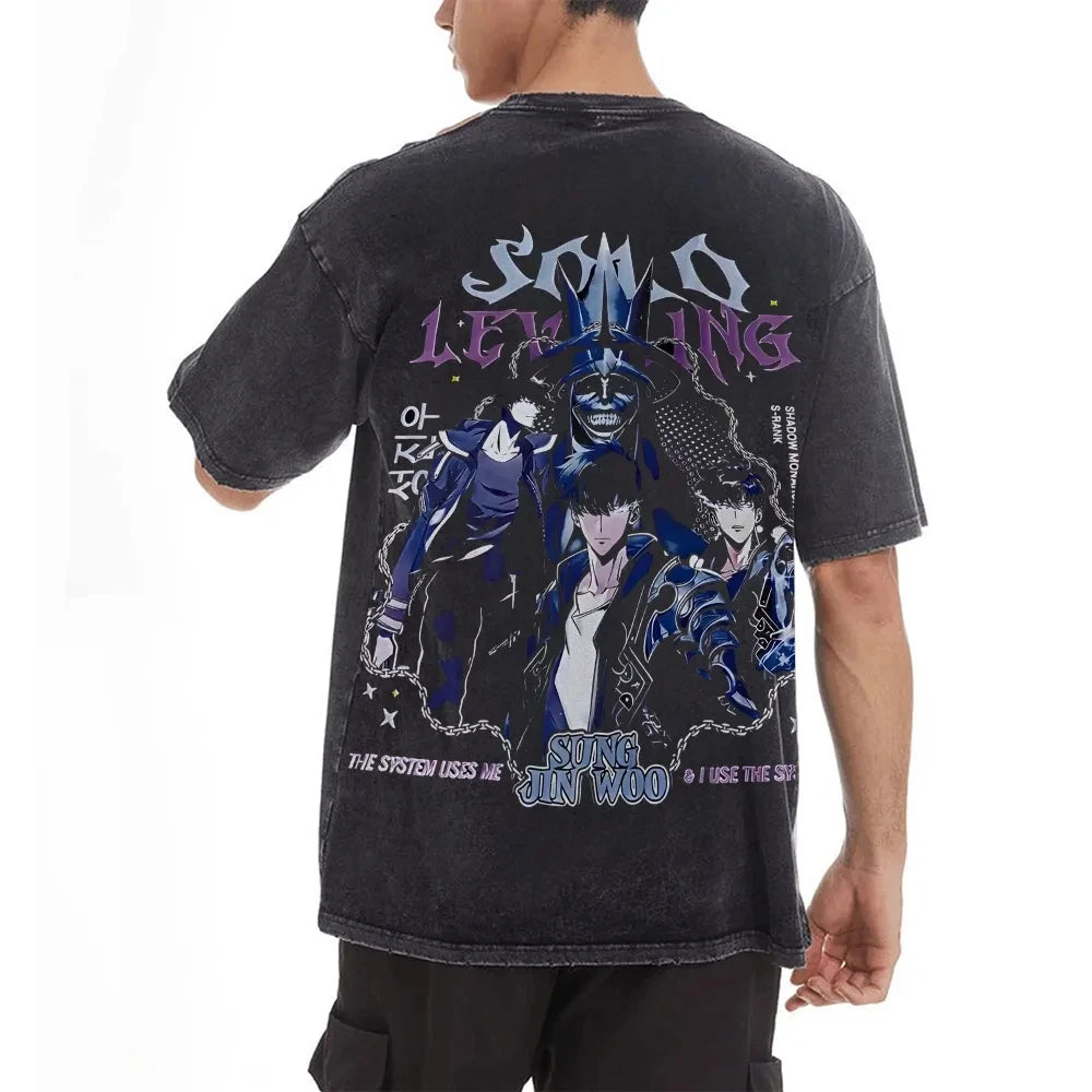 Solo Leveling Washed Couple Clothing Short Sleeve Sports Comfortable Summer Popular Short Sleeve Half Sleeve  Wear Popular Top