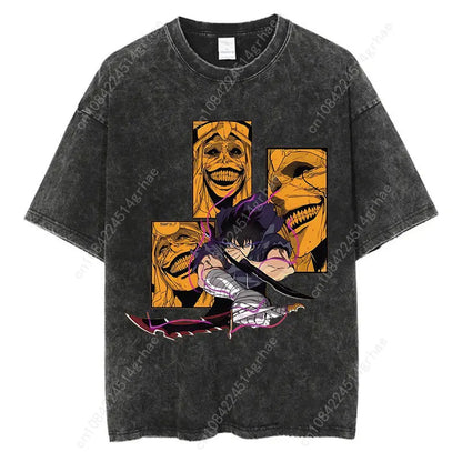 Japanese Anime Solo Leveling Print Vintage Washed Tshirt Harajuku Streetwear Graphic T-Shirt Summer Short Sleeve Cotton Tshirt