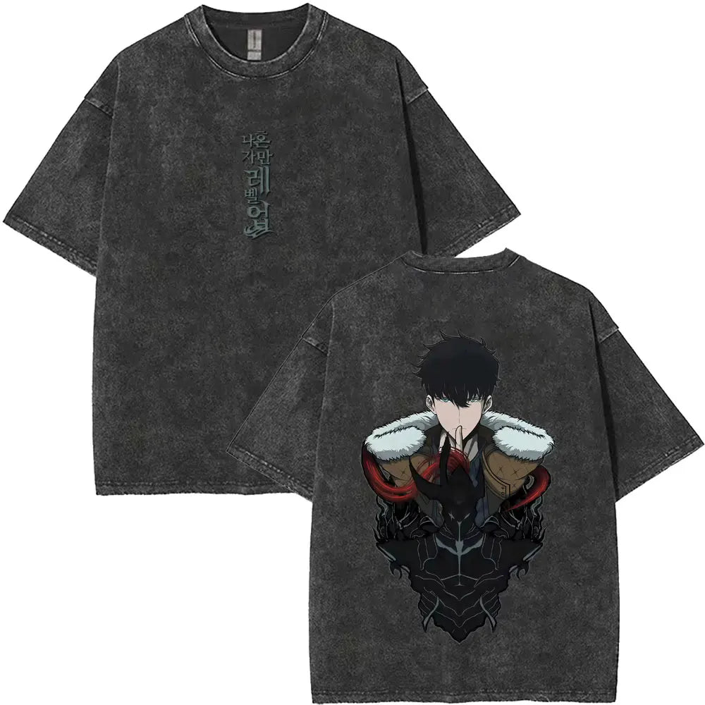 Washed Vintage Anime Solo Leveling Sung Jin Woo Double Sided Print T-shirt Men Manga Fashion Casual T Shirt Men's Oversized Tees