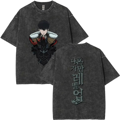 Washed Vintage Anime Solo Leveling Sung Jin Woo Double Sided Print T-shirt Men Manga Fashion Casual T Shirt Men's Oversized Tees