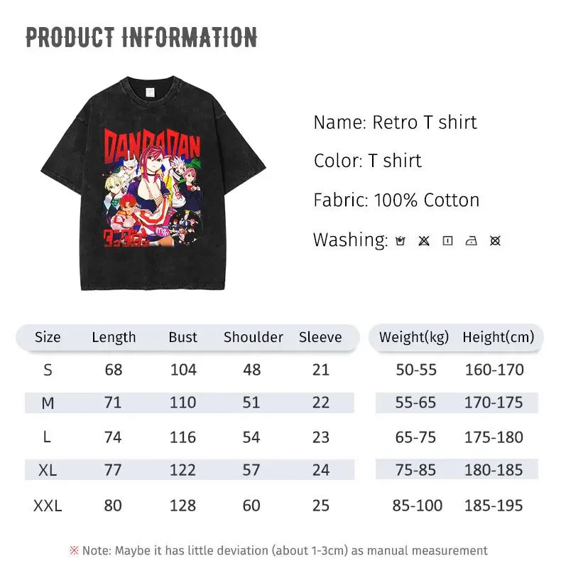 DanDaDan T Shirt Anime Oversized Vintage Washed T-shirts Streetwear Retro Manga Ayase Momo Takakura Ken DTG Printing Top Tee Men