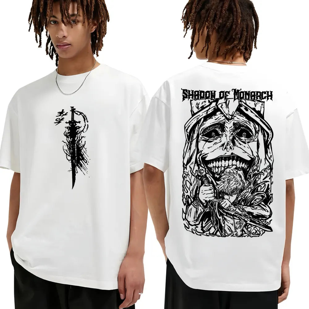 Japan Anime Solo Leveling Harajuku Style T Shirts Statue of God Sung Jinwoo Men Women Punk T-shirts Loose Cotton Manga T-shirt