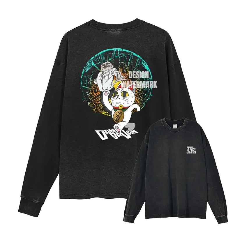 Anime Dan Da Dan Sweater Vintage Washed Dandadan Long Sleeve T Shirts Oversized Ayase Momo Sweatshirts Pullover Men 100% Cotton