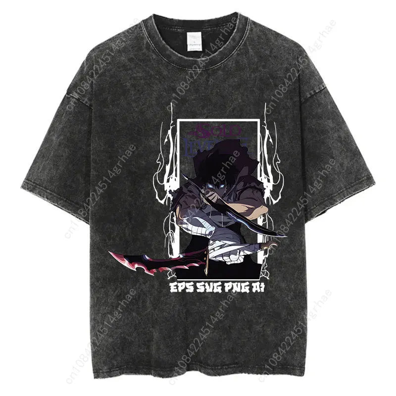 Japanese Anime Solo Leveling Print Vintage Washed Tshirt Harajuku Streetwear Graphic T-Shirt Summer Short Sleeve Cotton Tshirt