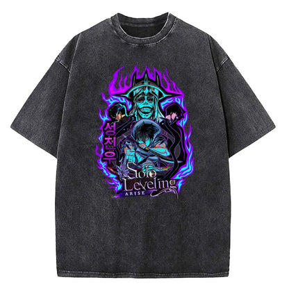 Solo Leveling Washed T-shirt Cotton High Quality teen Pastel Pop Culture Vintage 80s t shirt University Breathable 2000s Digital