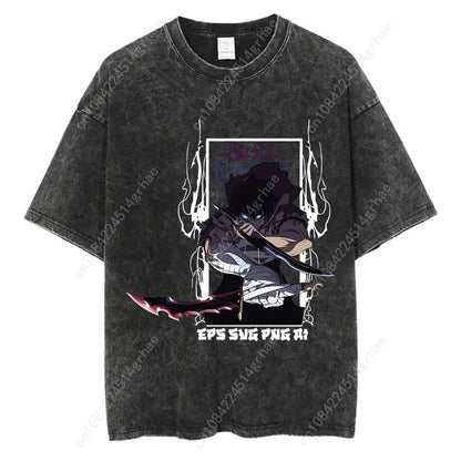 Japanese Anime Solo Leveling Print Vintage Washed Tshirt Harajuku Streetwear Graphic T-Shirt Summer Short Sleeve Cotton Tshirt