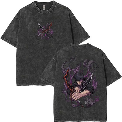 Washed Vintage Anime Solo Leveling Sung Jin Woo Double Sided Print T-shirt Men Manga Fashion Casual T Shirt Men's Oversized Tees