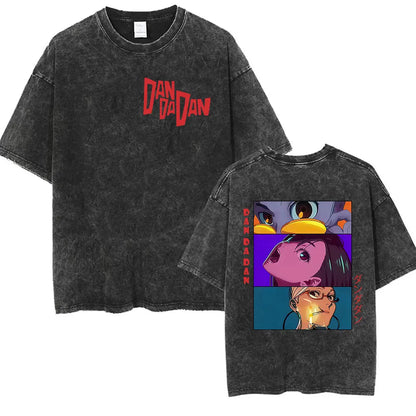 Japan Anime Dandadan Okarun Dan Da Dan Graphic T Shirt Men Women O-Neck Cute Style T-shirt Vintage Washed Cotton Tees Streetwear