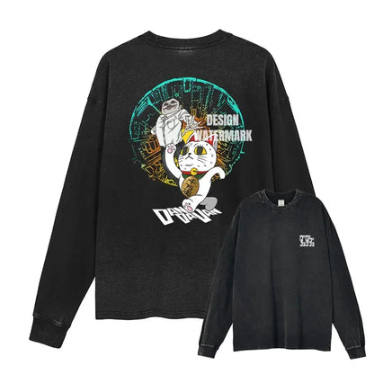 Anime Dan Da Dan Sweater Vintage Washed Dandadan Long Sleeve T Shirts Oversized Ayase Momo Sweatshirts Pullover Men 100% Cotton