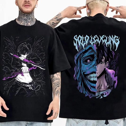 Japanese Anime Solo Leveling T Shirt Men Sung Jinwoo Cartoon Graphic Tees Harajuku Short Sleeve High Quality Cotton T-shirt