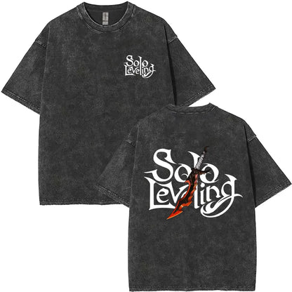 Washed Vintage Anime Solo Leveling Sung Jin Woo Double Sided Print T-shirt Men Manga Fashion Casual T Shirt Men's Oversized Tees