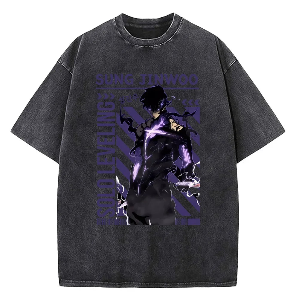 Solo Leveling Washed T-shirt Cotton High Quality teen Pastel Pop Culture Vintage 80s t shirt University Breathable 2000s Digital