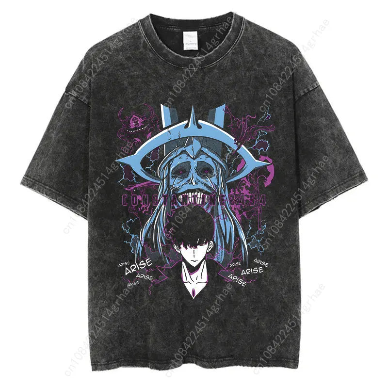 Japanese Anime Solo Leveling Print Vintage Washed Tshirt Harajuku Streetwear Graphic T-Shirt Summer Short Sleeve Cotton Tshirt